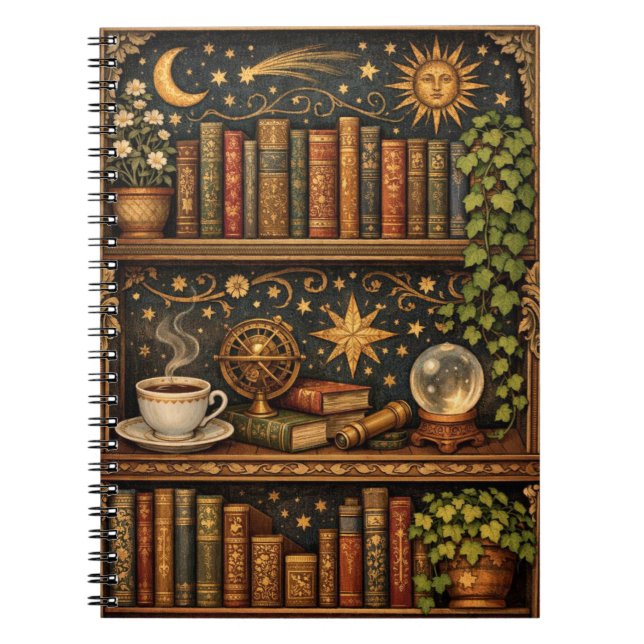 Carnet Retro celestial bookshelf book coffee lover (Devant)