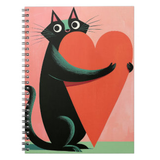 Carnet Rétro Chat Noir Cœur Mignon Milieu du Siècle
