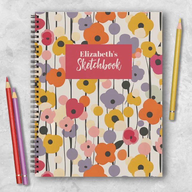 Carnet Rétro Floral Motif Monogramme Artiste Sketchbook (A pretty colorful retro floral artist sketchbook. Makes a great gift for a creative girl.)