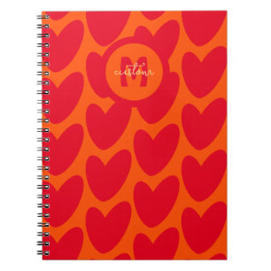 Carnet Retro Orange Super Red Hearts Nom sur Monogramme