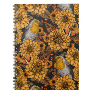 Carnet Robins dans le jardin d'automne sur noir