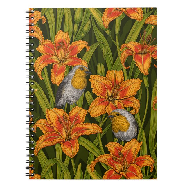 Carnet Robins et fleurs de lys, orange et vert foncé (Devant)