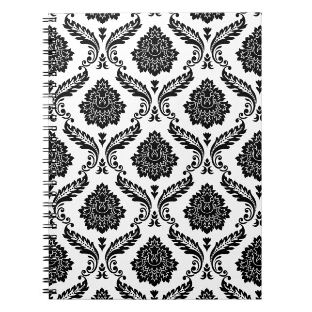 Carnet Rococo Damask Pattern Black on White (Devant)
