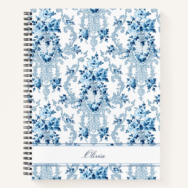 Carnet Rococo Français Personnalisé Bleu & Blanc Floral N (Devant)