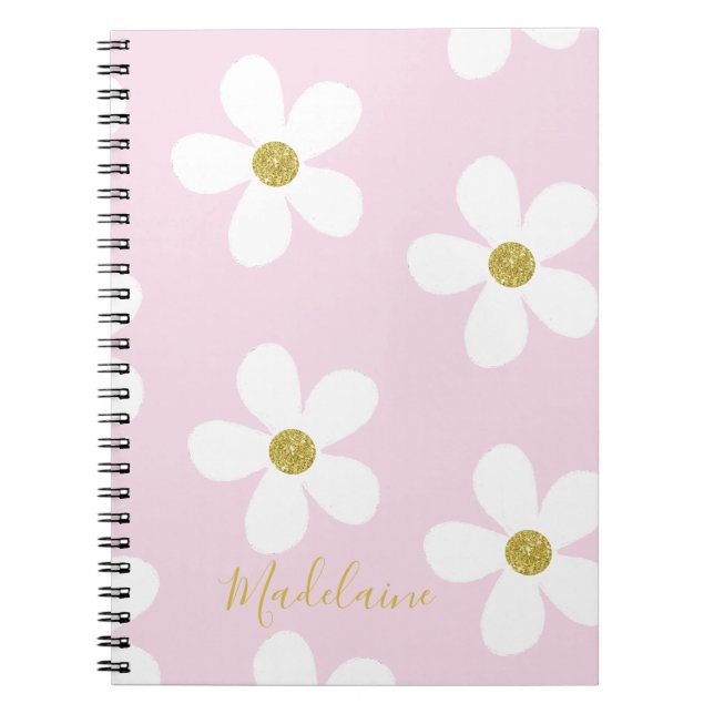 Carnet Rose Blanc Simple Daisy Motif Gold School (Devant)