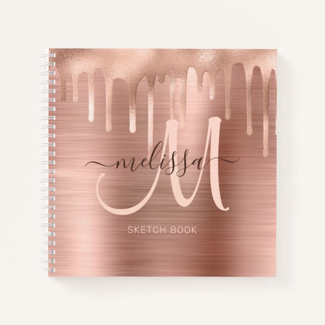 Carnet Rose Chic Or brossé Métal Blush Monogramme Croquis (Devant)