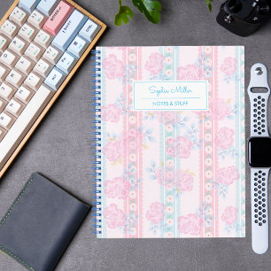 Carnet Rose Clair Bleu Floral Coquette Nom Personnalisé