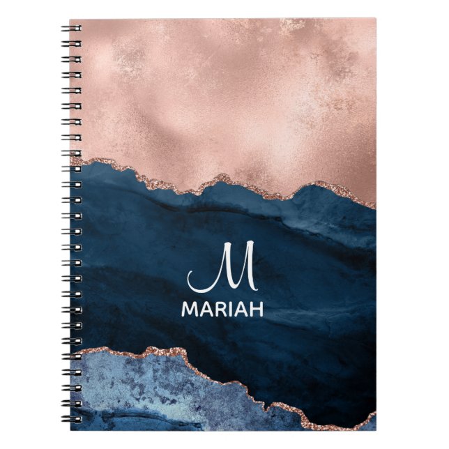 Carnet Rose d'or et bleu marine - Aquarelle d'agate - (Devant)