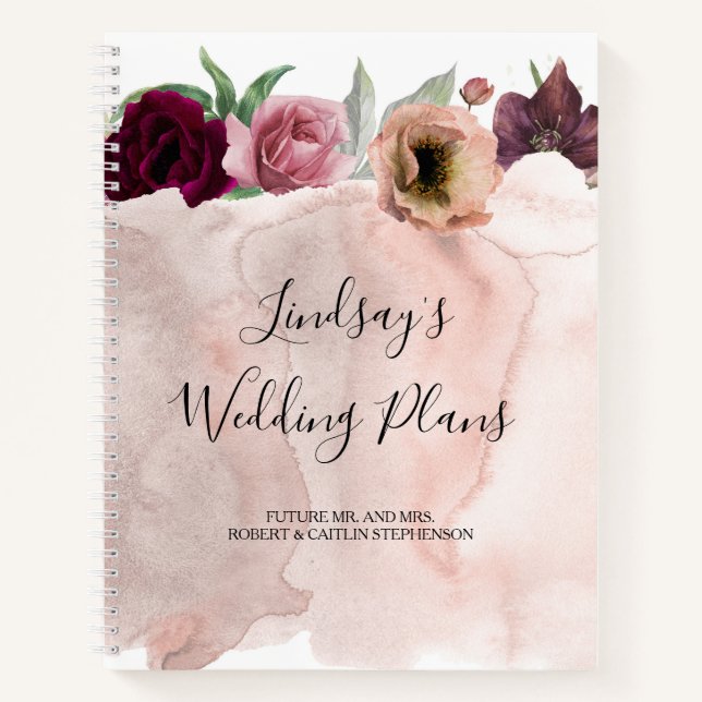 Carnet Rose Dusty et Mariage romantique rouge Bourgogne (Devant)