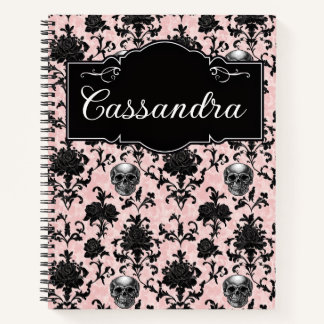 Carnet Rose et crânes gothiques personnalisés rose et noi