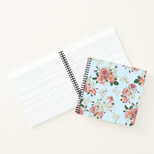 Carnet Rose et crème sur fond bleu, floral vintage   