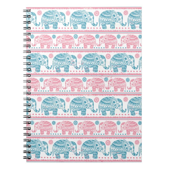 Carnet Rose et motif ethnique turquoise d'éléphant (Devant)