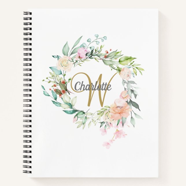 Carnet Rose Floral Gold Monogramme Girl Script (Devant)