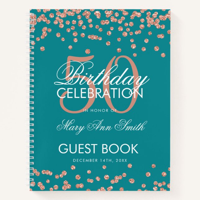 Carnet Rose Gold 50e Anniversaire Guestbook Confetti Turq (Devant)
