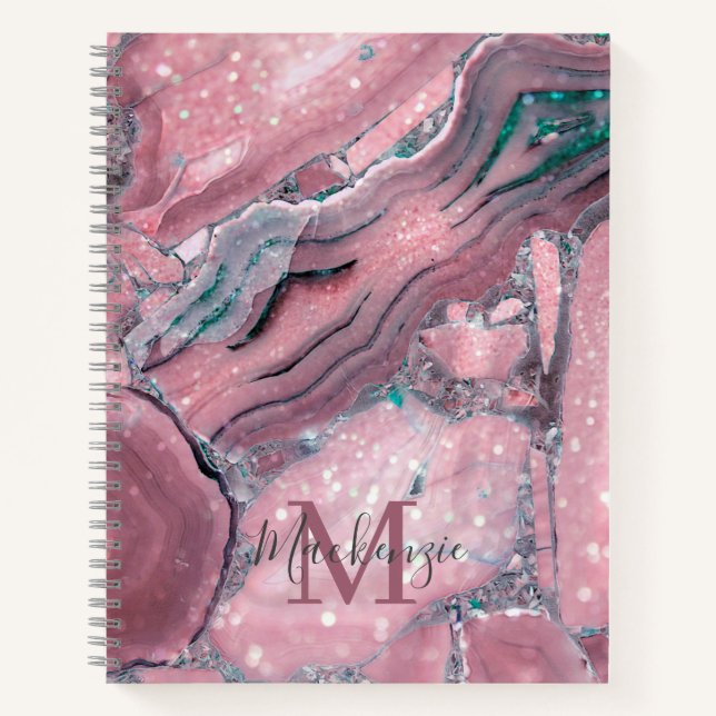 Carnet Rose Gold Agate Géode Chic Sparkle Monogramme (Devant)