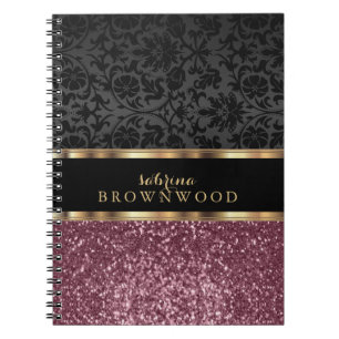 Carnet Rose Gold Glitter and Black Damask 
