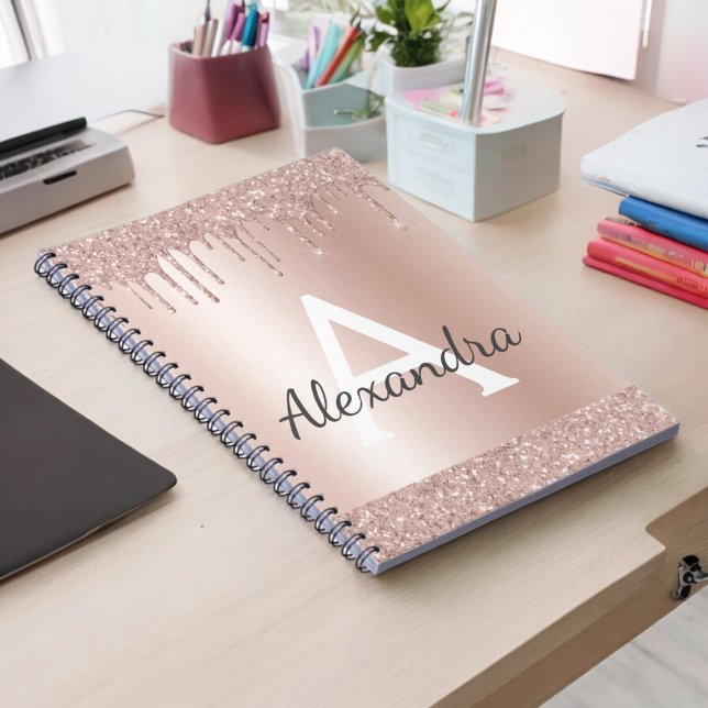 Carnet Rose Gold - Pailleté Rose Blush Monogramme Nom (Créateur téléchargé)