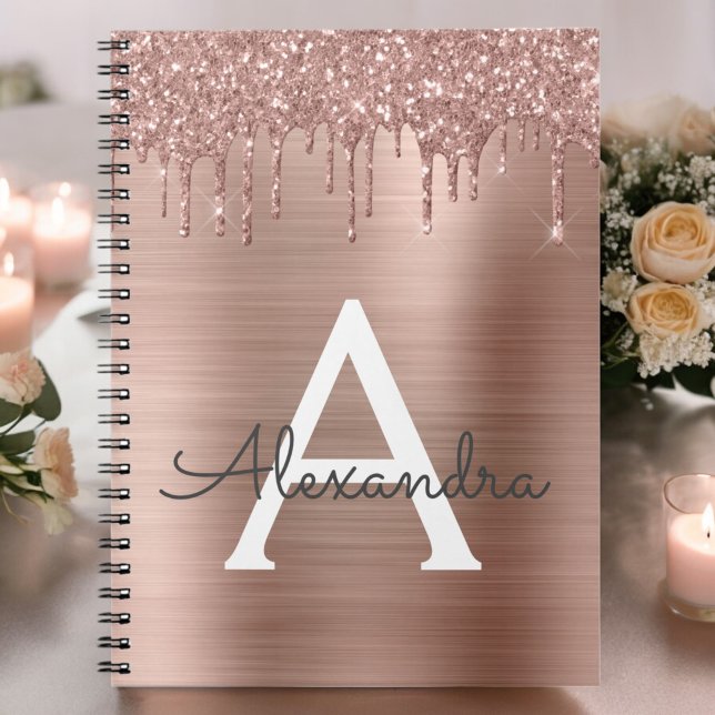 Carnet Rose Gold - Rose Pâle Pailleté Monogramme Nom (Créateur téléchargé)