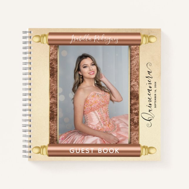 Carnet Rose Gold Scroll Photo Budget Quinceañera Invité (Devant)