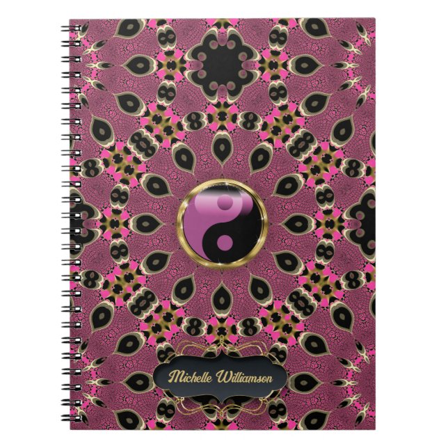Carnet Rose noir Yin Yang Peacock Mandala Custom (Devant)