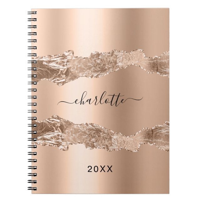 Carnet Rose or agate marbre nom script (Devant)