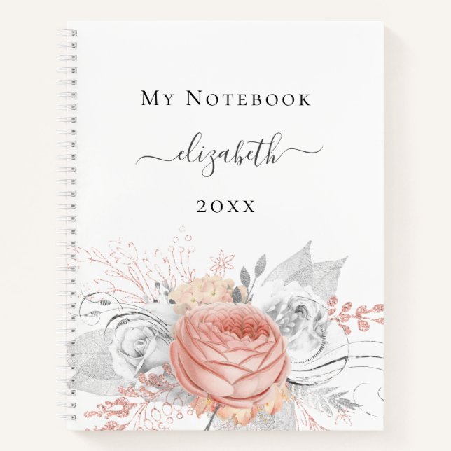 Carnet Rose or floral argent feuillage blanc nom (Devant)