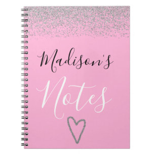 Carnet Rose Poudré et Paillettes Argentées Notes de Coeur