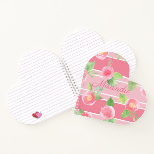 Carnet Rose rayé Votre Nom Floral Moderne Formé