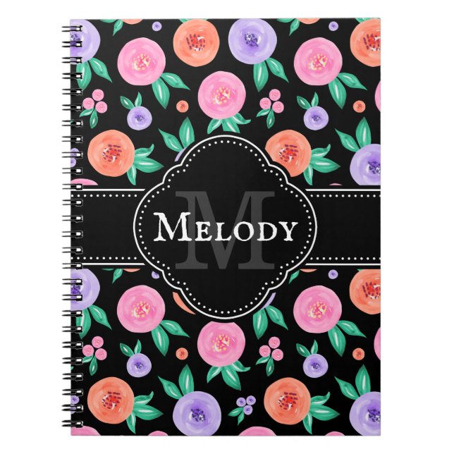 Carnet Rose rose / violet couleur Motif sur noir (Devant)