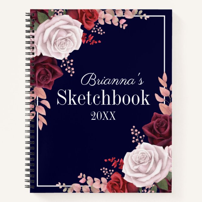 Carnet Rose Roses Votre Nom Marine Blue Sketbook (Devant)