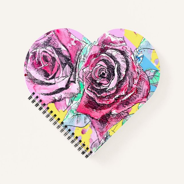 Carnet Rose Rouge Fleurs Aquarelle Floral Fleur (Devant)