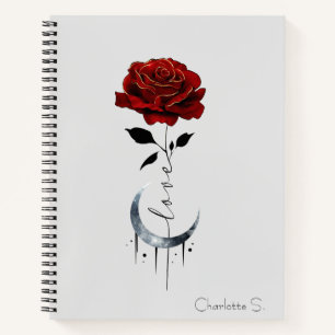 Carnet Rose rouge gothique et lune de croissant avec amou