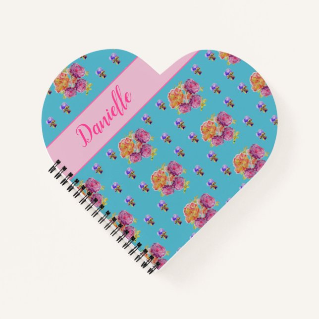 Carnet Rose rouge Shabby Chic Aqua Turquoise Floral Flowe (Devant)