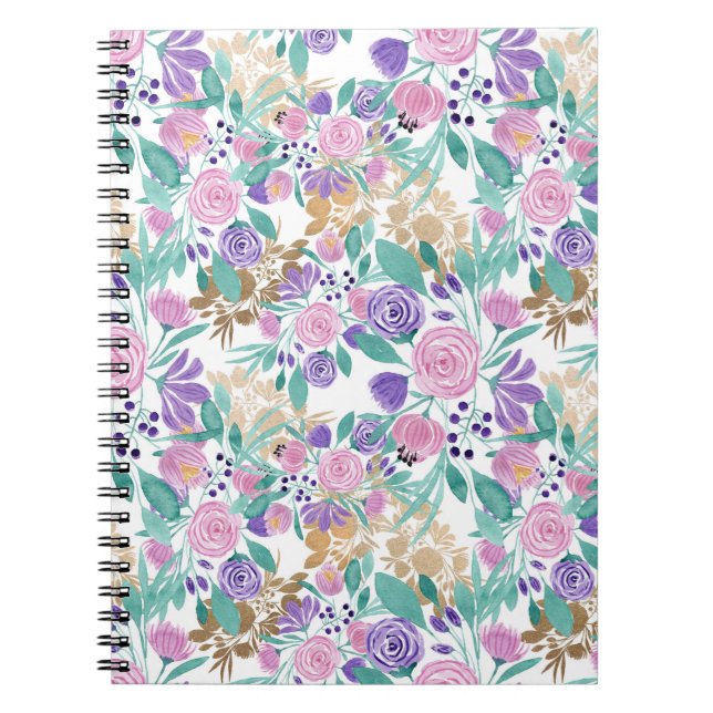 Carnet Rose violet violet or Aquarelle Feuille (Devant)