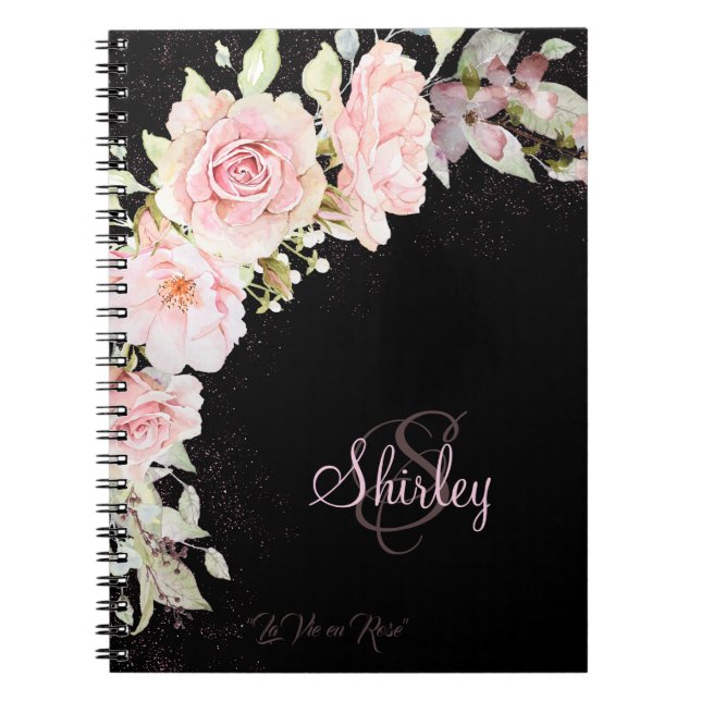 Carnet Roses d'aquarelle noir et rose monogramme (Devant)