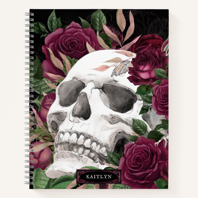 Carnet Roses du crâne Bourgogne Noir Personnalisé (Devant)