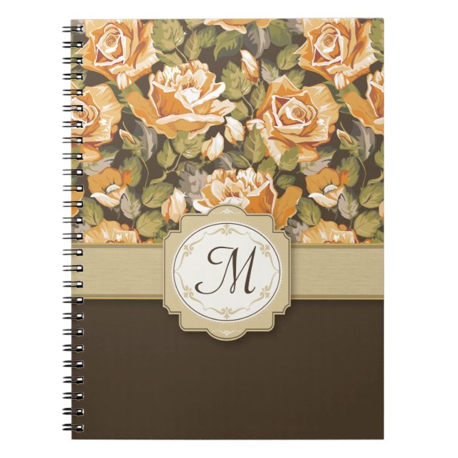 Carnet Roses jaunes d'or sur Brown avec le monogramme (Devant)