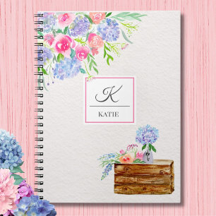 Carnet Roses pastel aquarelle, monogramme hydrangeas