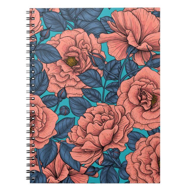 Carnet Roses roses avec feuilles bleus sur bleu (Devant)