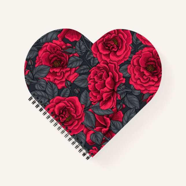 Carnet Roses rouges avec feuilles gris sur noir (Devant)