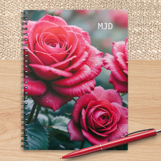 Carnet Roses Rouges Élégant Monogramme Floral Reliure Spi