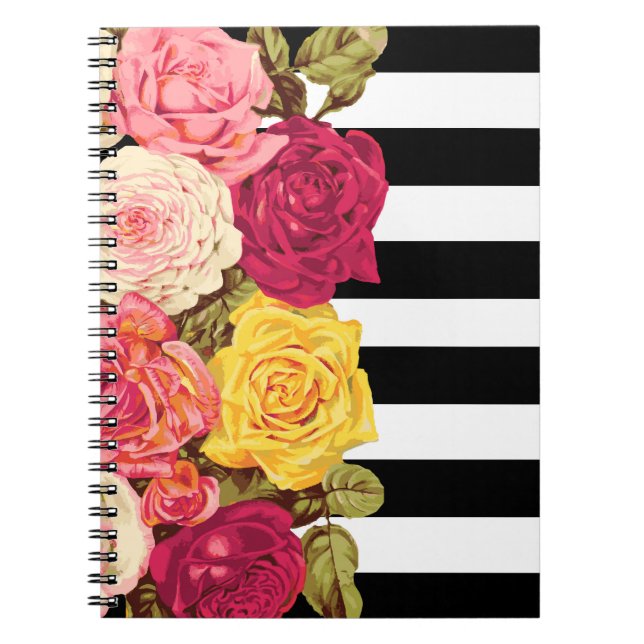 Carnet Roses sur rayures noires et blanches chic et moder (Devant)