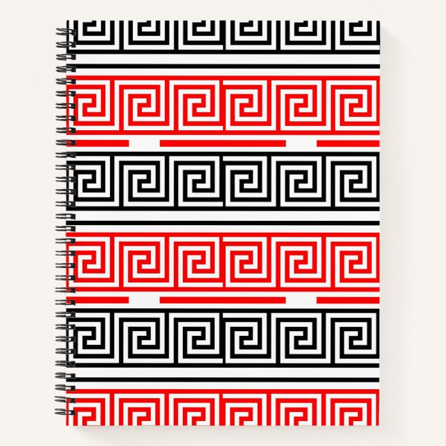 Carnet Rouge Blanc noir Clé grecque Fret Motif Design (Devant)