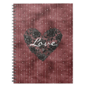 Carnet Rouge Bourgogne Rayures Fausse Dentelle Florale Cœ