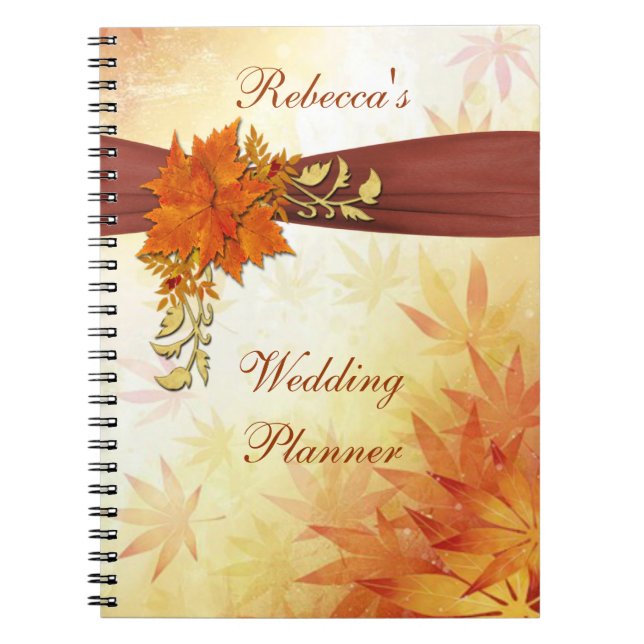 Carnet Rouge et wedding planner de feuille d'automne d'or (Devant)