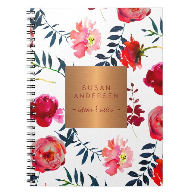 Carnet Rouge marine floral élégant rose or cuivre métalli (Devant)