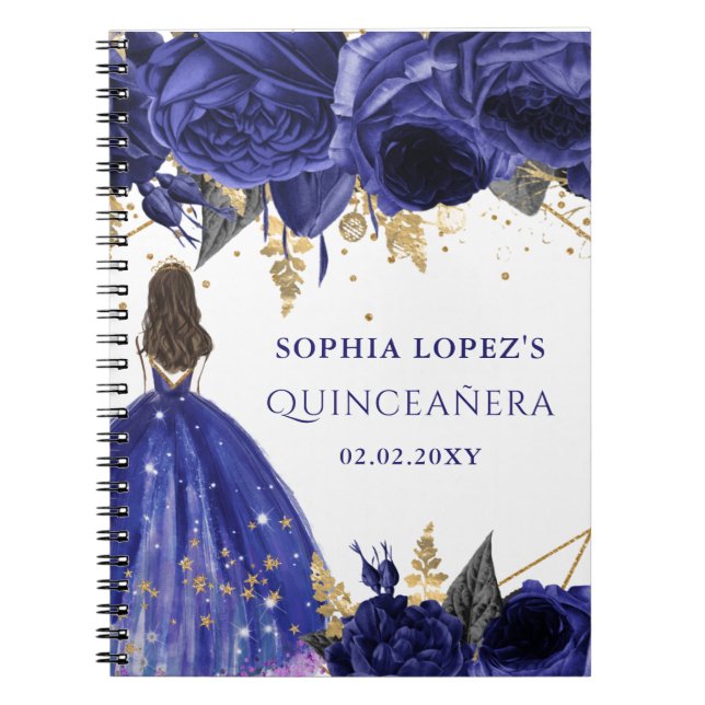 Carnet Royal Blue Gold Floral Princess Quinceanera (Devant)