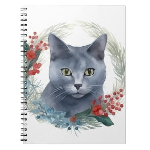 Carnet Russe Blue Chat Noël Wreath Festive Kitten