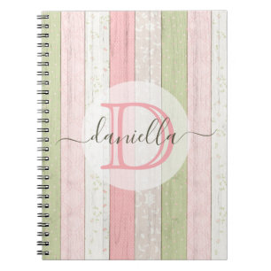 Carnet Rustic Sage Green & Pink Floral Wood Personalized