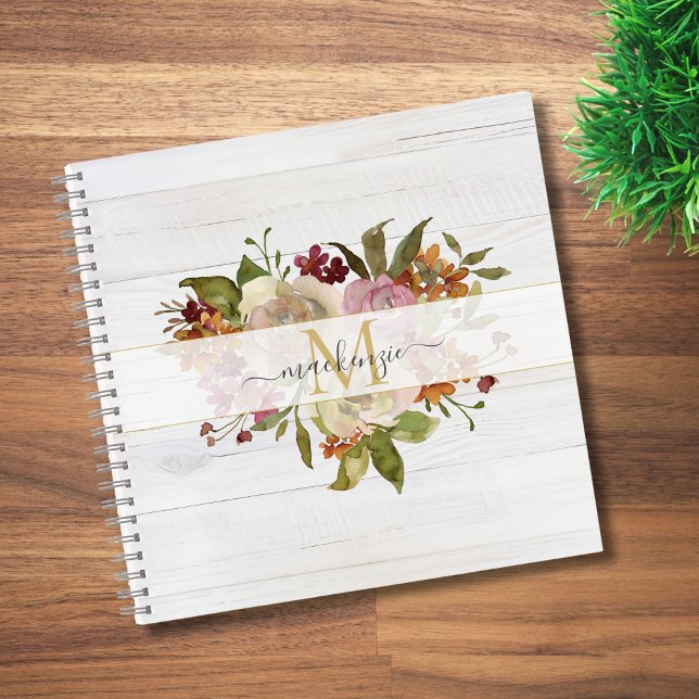 Carnet Rustic Watercolor Rose Bouquet Monogram (Créateur téléchargé)
